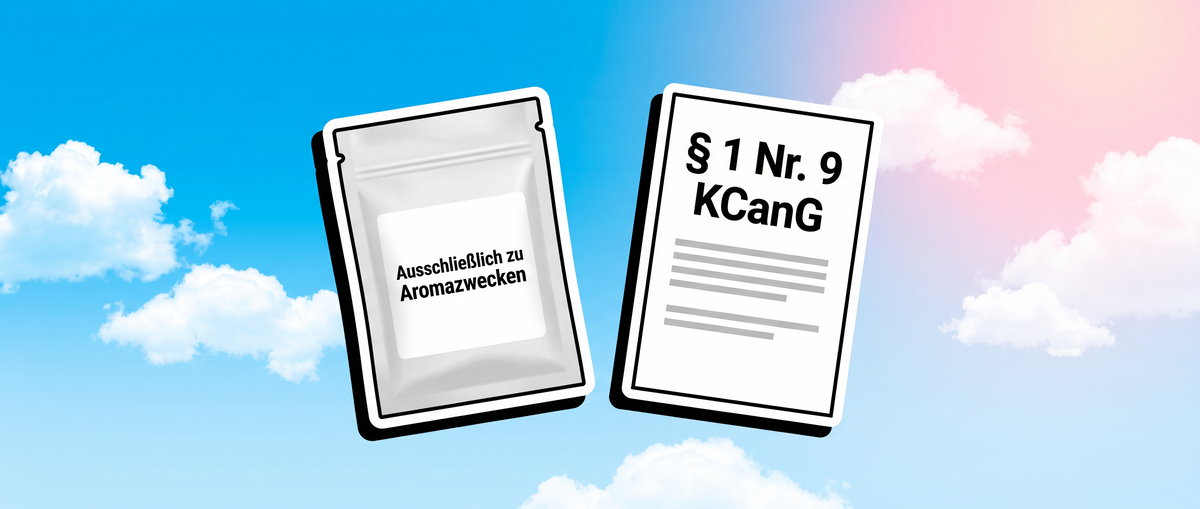 Versiegelte Packung mit Etikett neben einem Ausdruck von § 1 Nr. 9 KCanG auf neutralem Untergrund