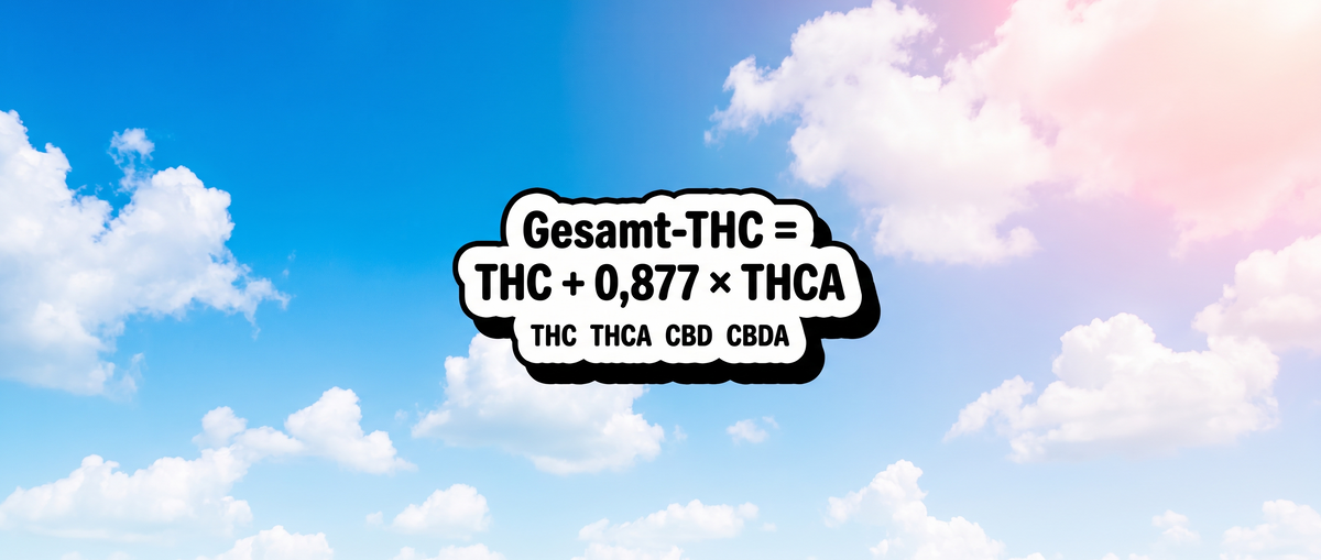 Typografische Grafik mit der Formel Gesamt-THC gleich THC plus 0,877 mal THCA