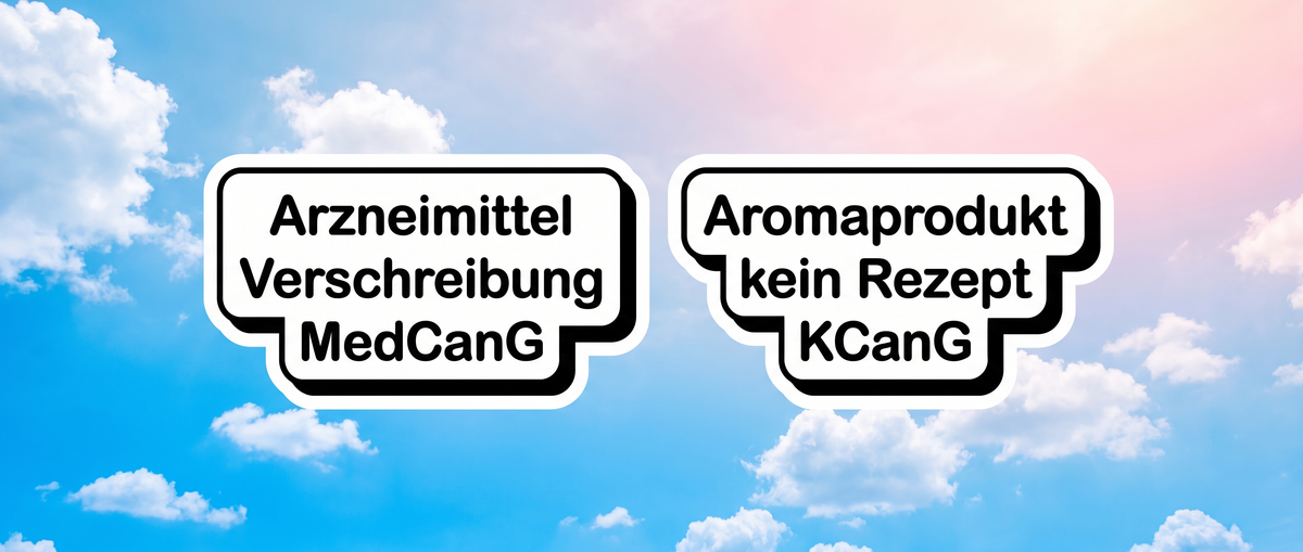 Zwei Karten nebeneinander: links Arzneimittel und Verschreibung, rechts Aromaprodukt, daneben eine versiegelte Packung