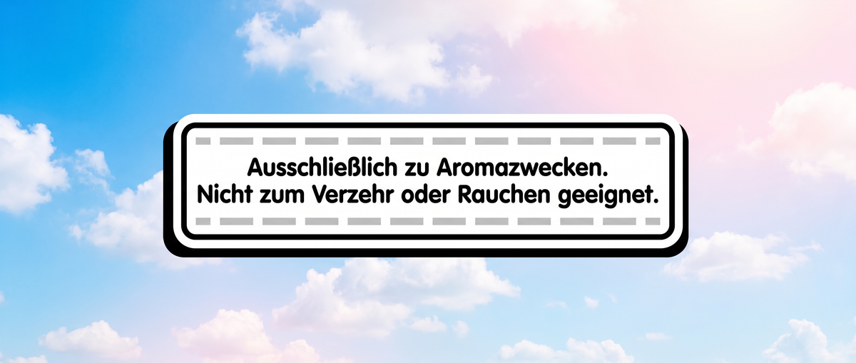 Nahaufnahme eines Packungsetiketts mit der gedruckten Zweckbestimmung als Aromaprodukt