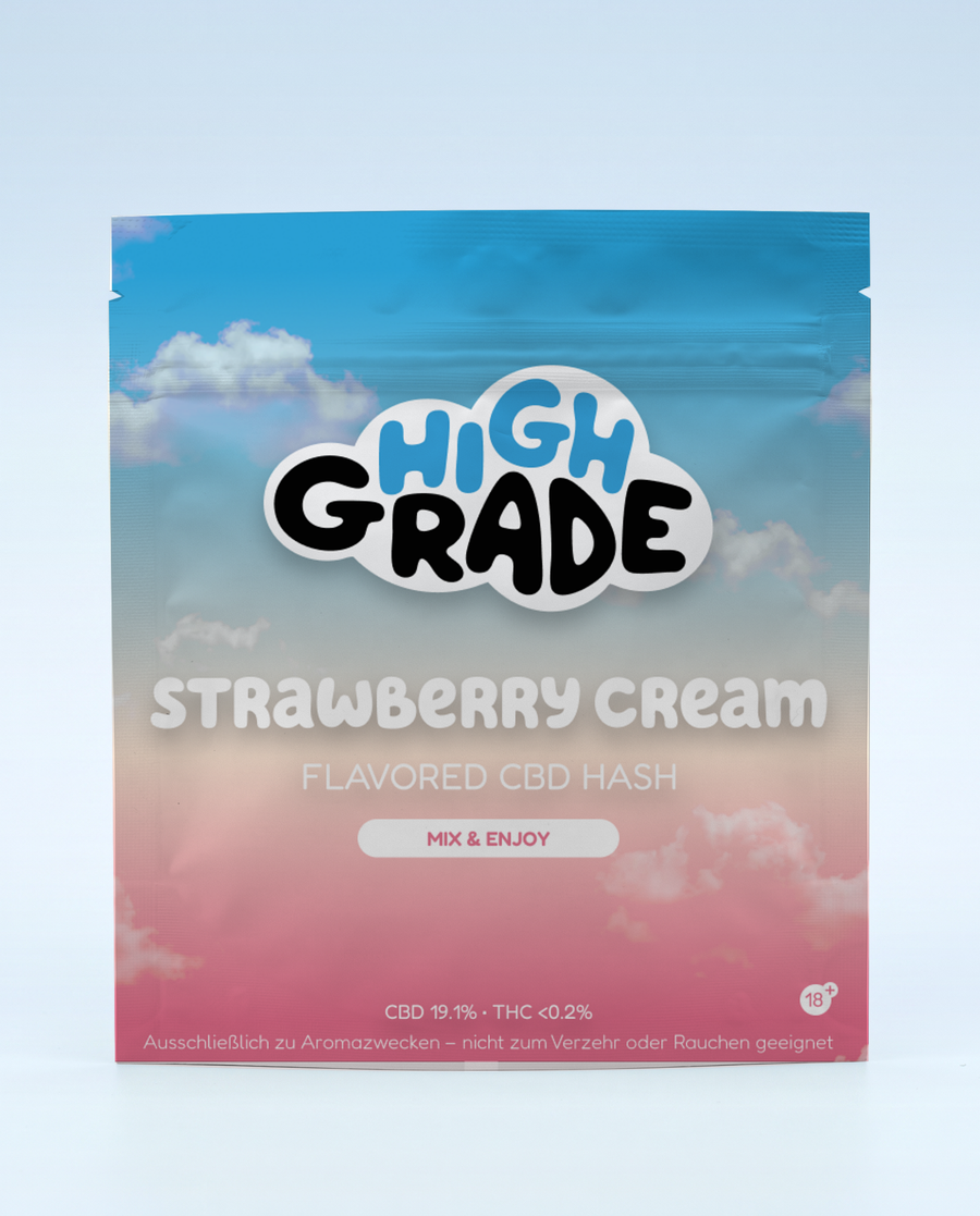 HighGrade Strawberry Cream Flavored CBD Hash – passender Aromabeutel mit Zip-Verschluss